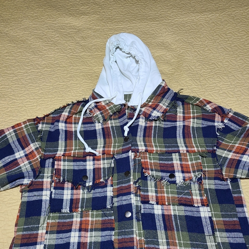 Shop Stevie deconstructed flannel oversized hooded shacket jacket size L - Picture 4 of 12